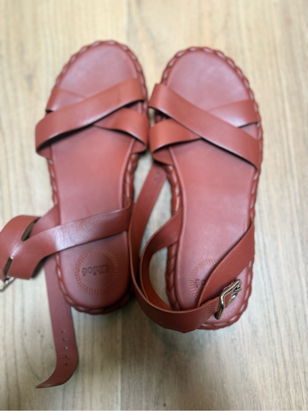 Chloe Brick Brown Leather Cross-Strap Sandals